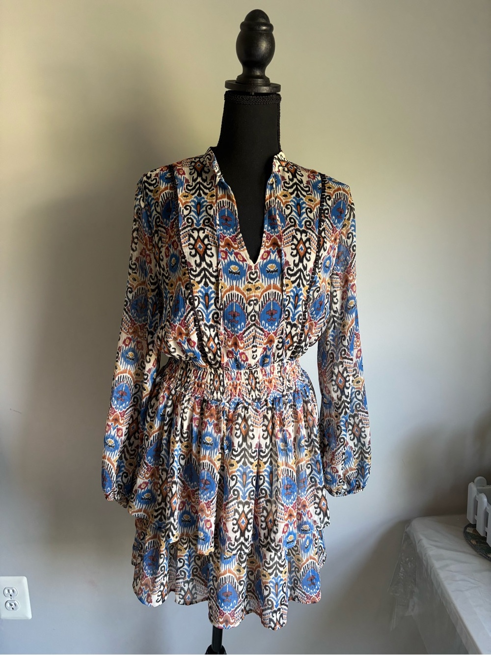 Zara Multicolor Printed Long-Sleeve Smocked-Waist Mini Dress
